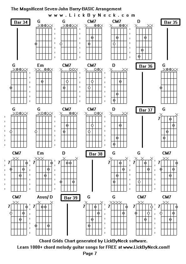 Chord Grids Chart of chord melody fingerstyle guitar song-The Magnificent Seven-John Barry-BASIC Arrangement,generated by LickByNeck software.